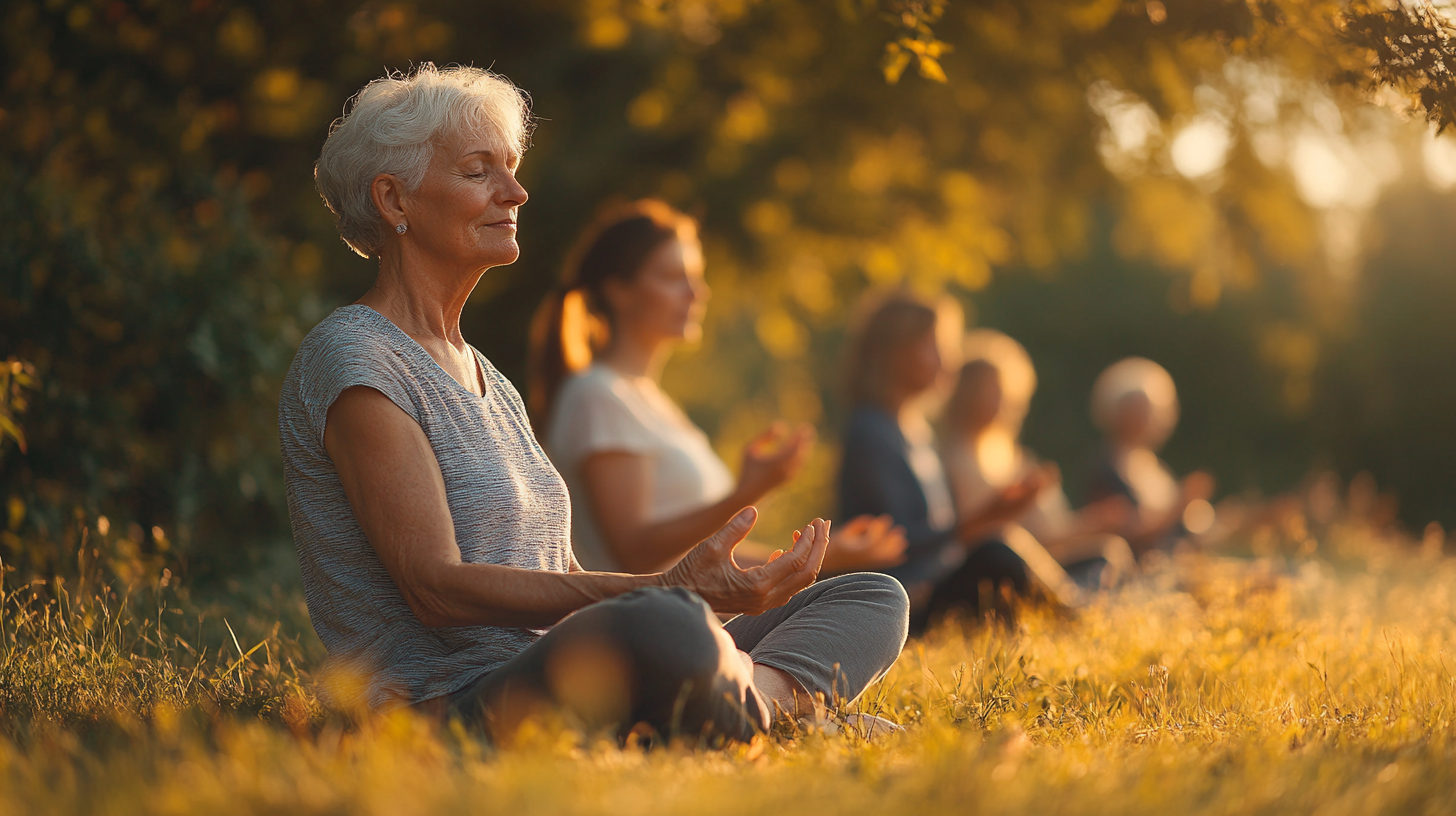 Група старших людей виконує йогу в парку